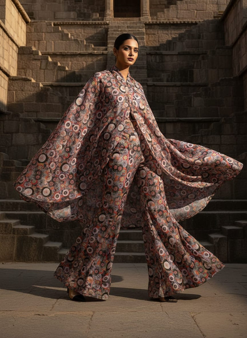 Glam Polished Multicolour Rounded Digital Printed Fabric - Upada Silk