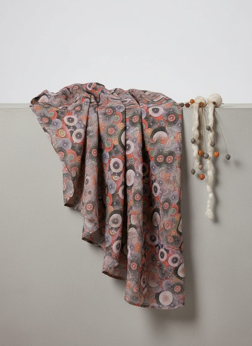Multicolor Abstract Geometric Rosettes Upada Silk Digital Printed Fabric