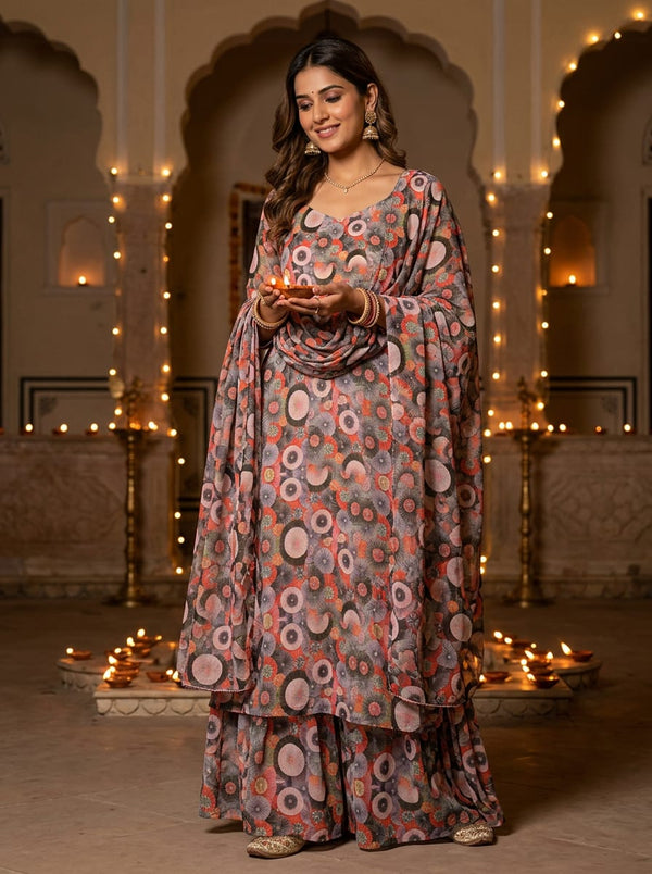 Multicolor Abstract Paper Rosettes Pure Georgette Digital Printed Fabric - Sharara Set Lookbook - PG-0-TA0156-110 - alternate view