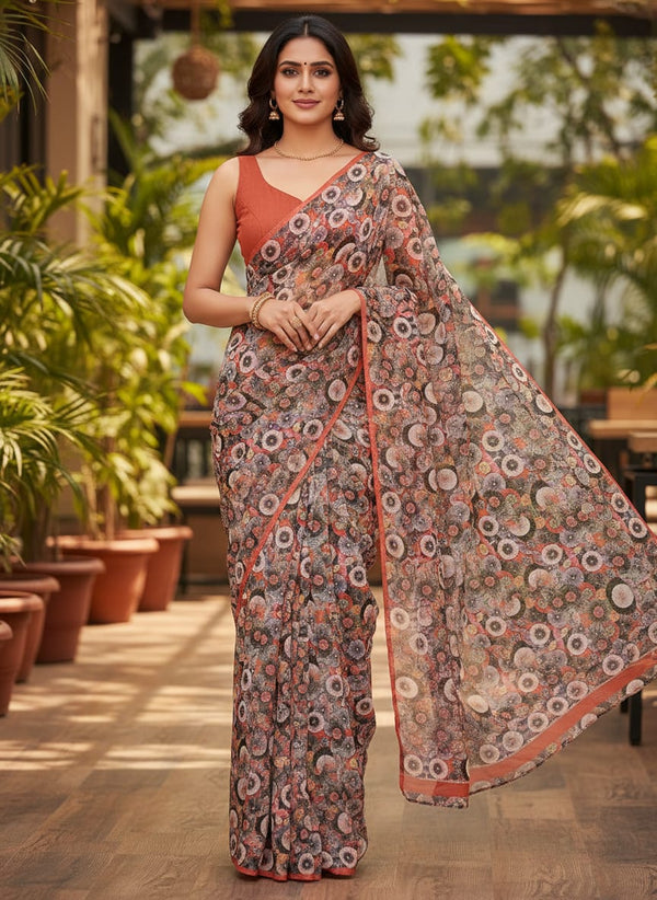 Multicolor Abstract Paper Rosette Pure Chinon Digital Printed Fabric - Saree Lookbook - PC-0-TA0156-106 - alternate view