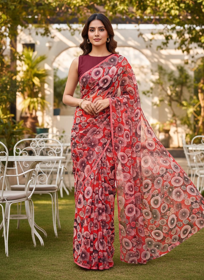 Multicolor Abstract Layered Fungi Print Pure Chiffon Digital Printed Fabric