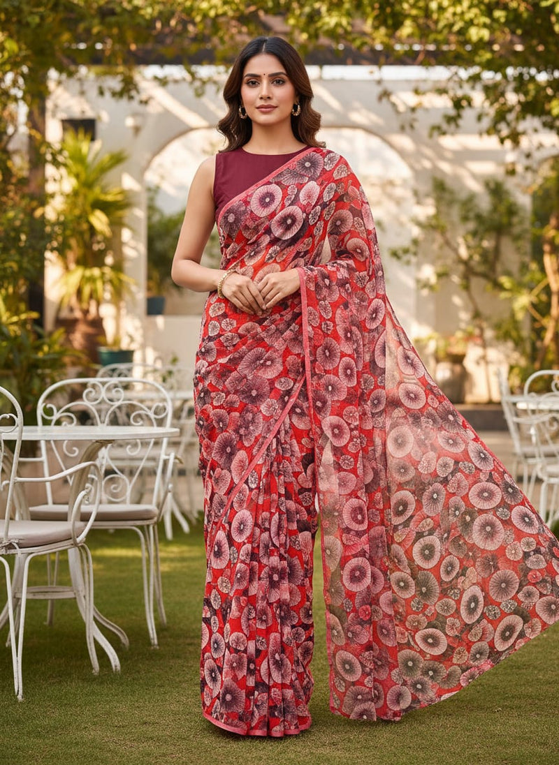 Multicolor Abstract Layered Fungi Print Pure Chiffon Digital Printed Fabric