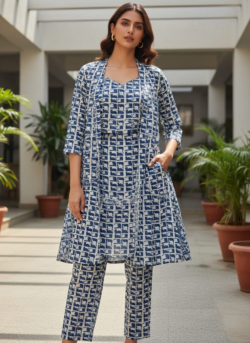 Navy and White Abstract Block Grid Kora Silk Digital Printed Fabric
