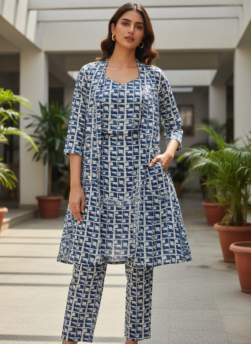 Navy and White Abstract Block Grid Kora Silk Digital Printed Fabric