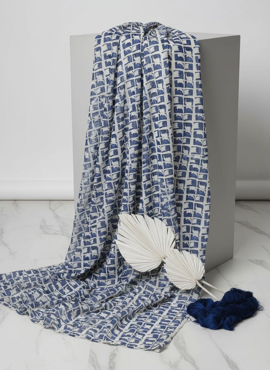 Navy and White Abstract Block Grid Kora Silk Digital Printed Fabric