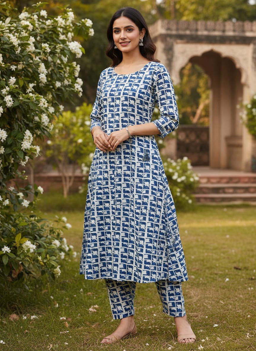 Navy and White Abstract Block Grid Kora Silk Digital Printed Fabric