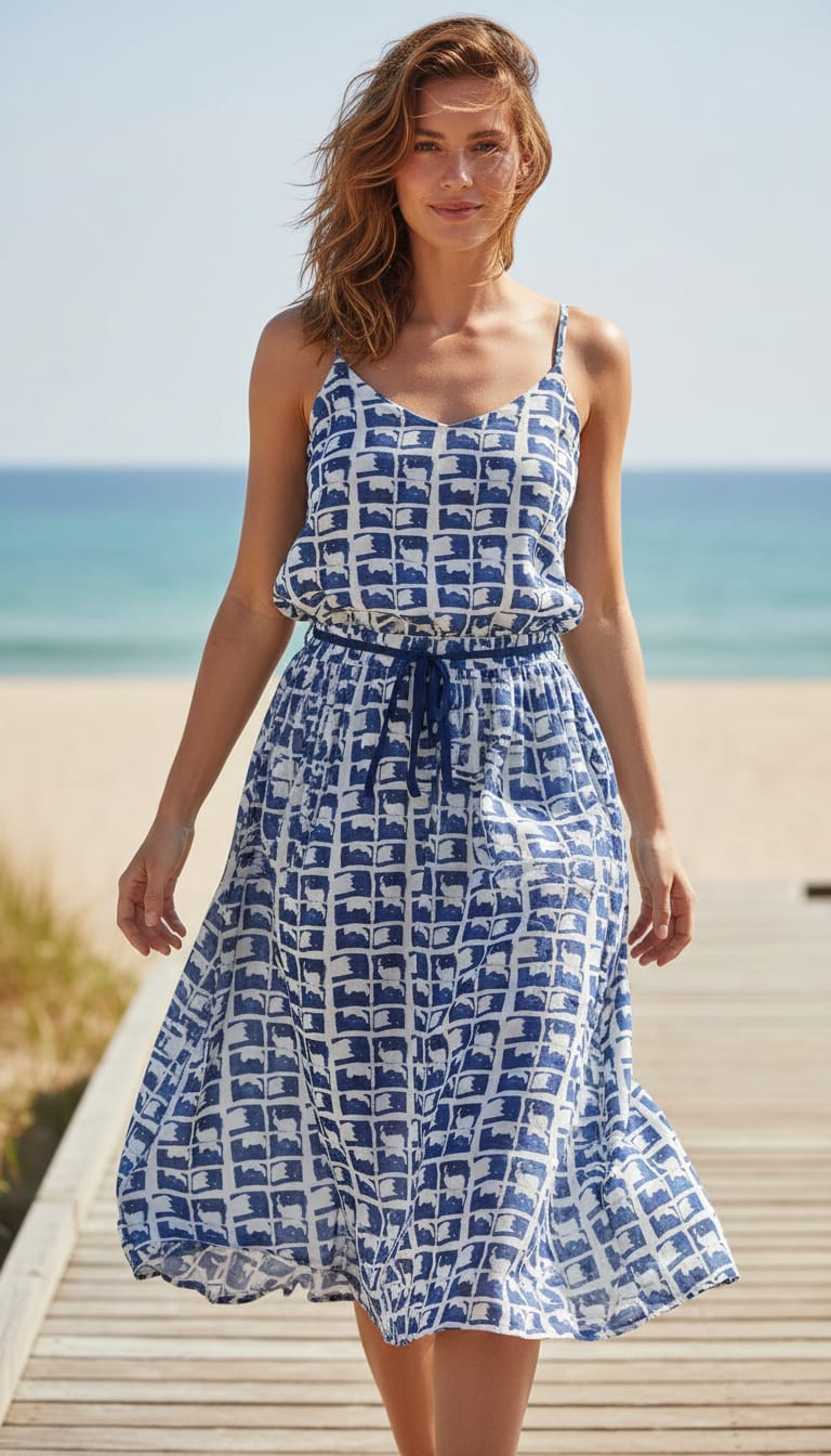Navy Abstract Block Grid Weightless Digital Printed Fabric