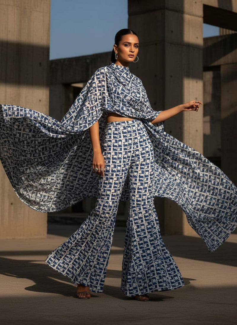 Navy Abstract Geometric Grid Upada Silk Digital Printed Fabric