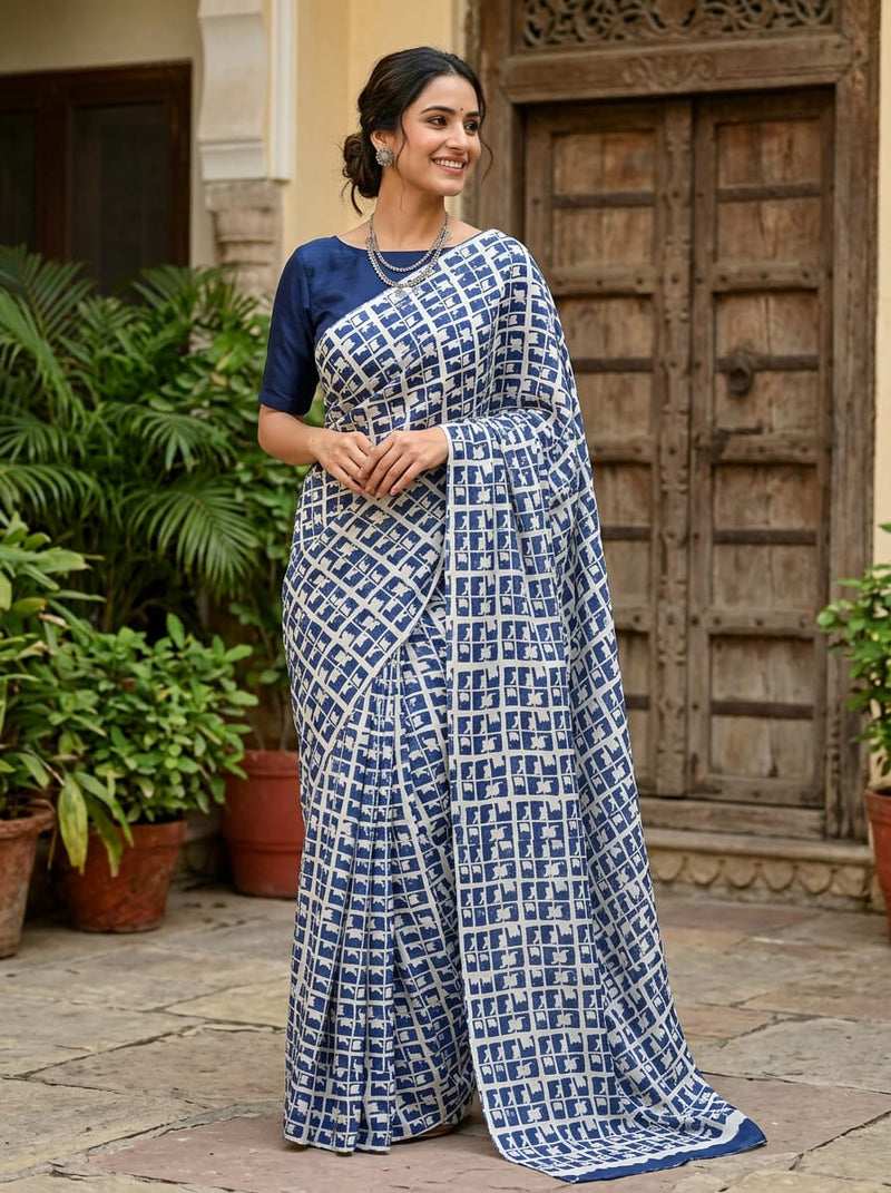 Navy Abstract Geometric Grid Upada Silk Digital Printed Fabric