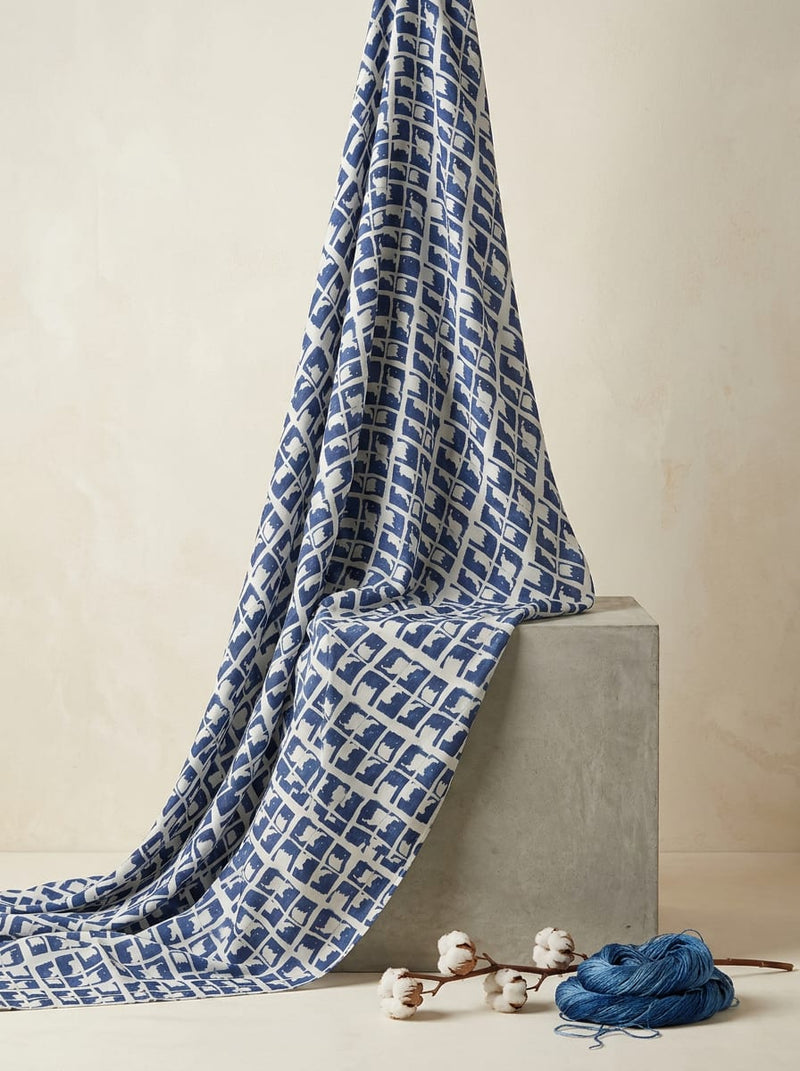Navy Abstract Geometric Grid Upada Silk Digital Printed Fabric