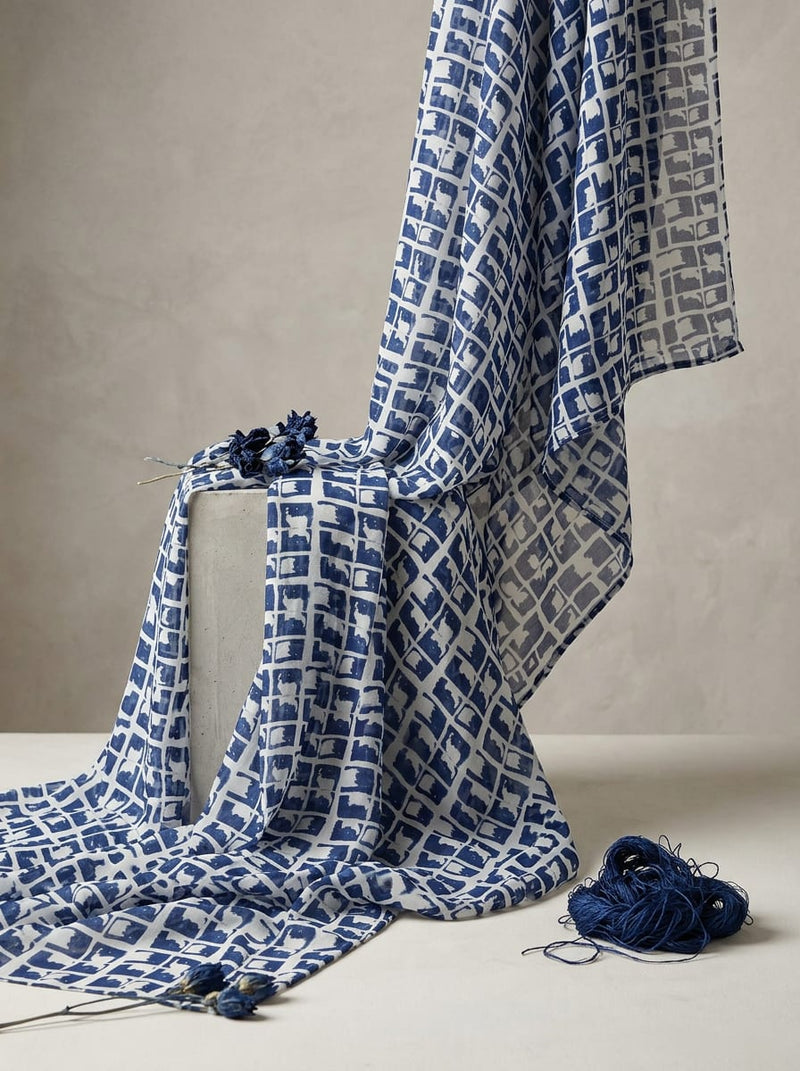 Navy Abstract Brushstroke Grid Pure Georgette Digital Printed Fabric