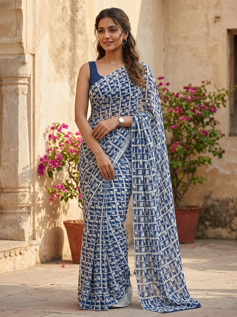 Navy Abstract Brushstroke Grid Pure Georgette Digital Printed Fabric