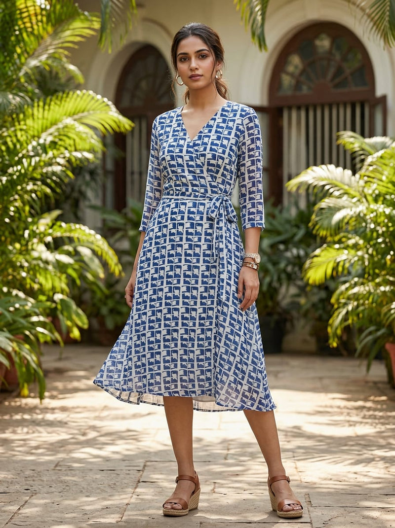 Navy Abstract Brushstroke Grid Pure Georgette Digital Printed Fabric