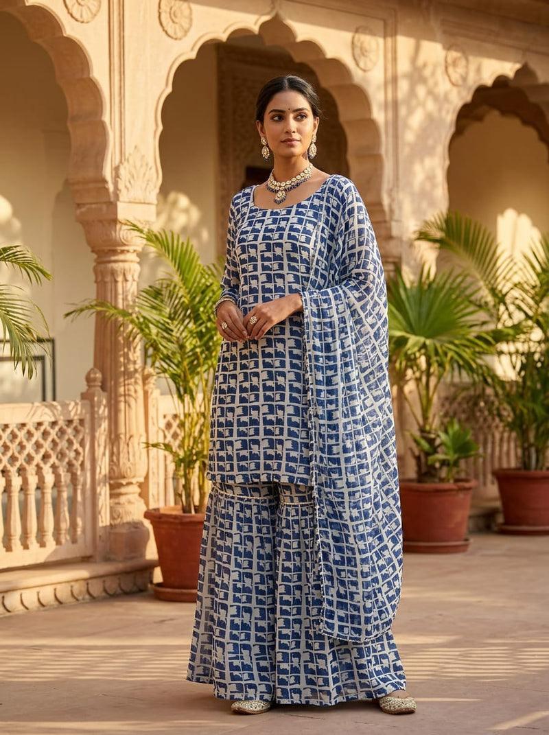 Navy Abstract Brushstroke Grid Pure Georgette Digital Printed Fabric