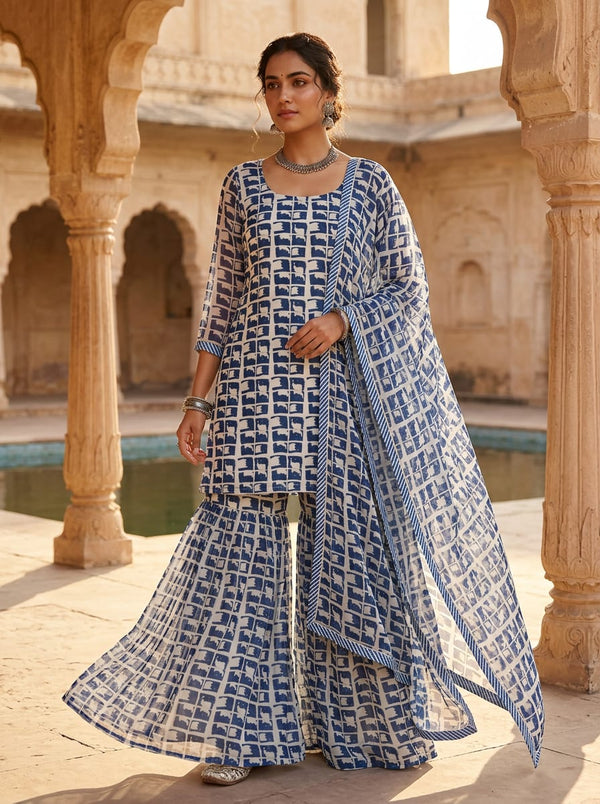 Navy Abstract Block Grid Pure Chiffon Digital Printed Fabric - Gharara Set Lookbook - PCH-0-TA0167-96 - alternate view