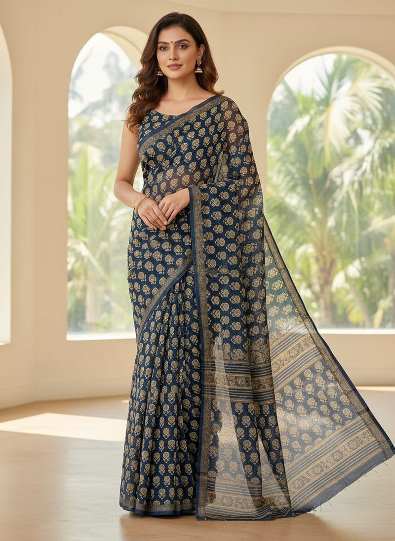 Simply Gradient Sunflower With Blue Background Digital Printed Fabric - Kora Silk