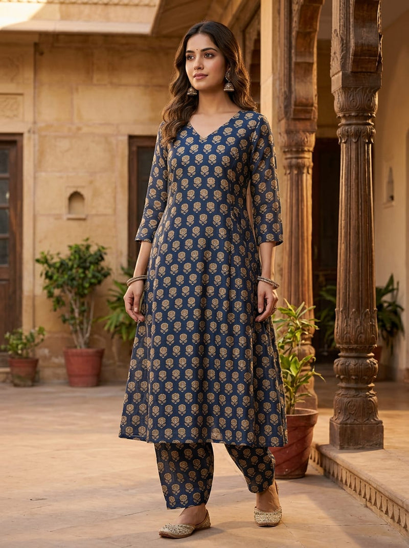 Navy Ethnic Floral Buti Kora Silk Digital Printed Fabric