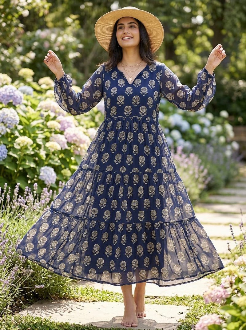 Navy Ethnic Buti Print Weightless Digital Printed Fabric