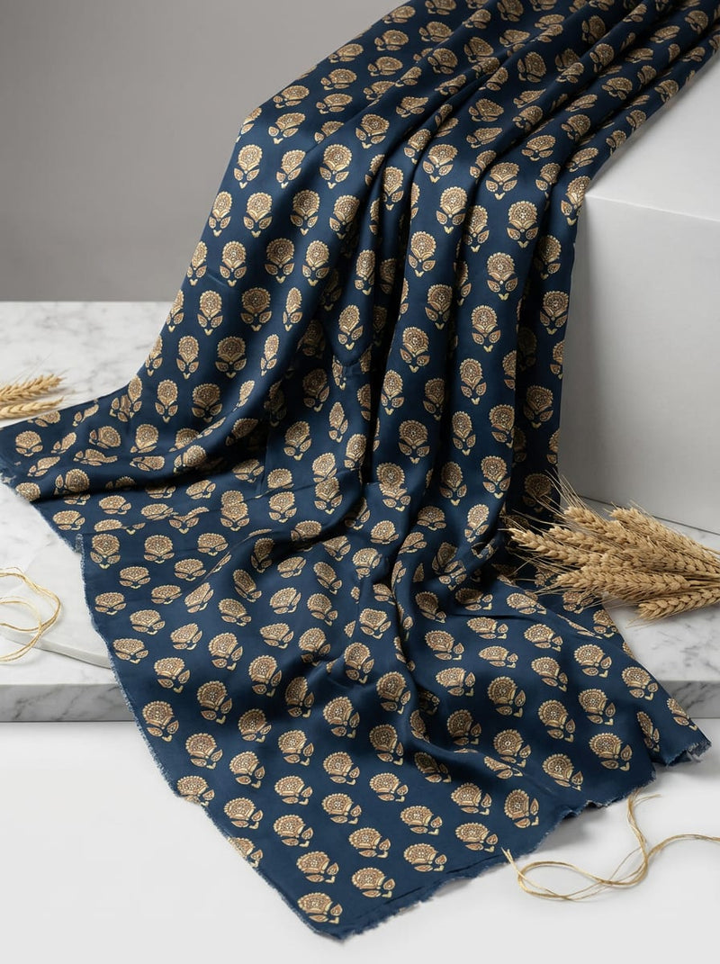 Navy Ethnic Floral Buti Motif Upada Silk Digital Printed Fabric