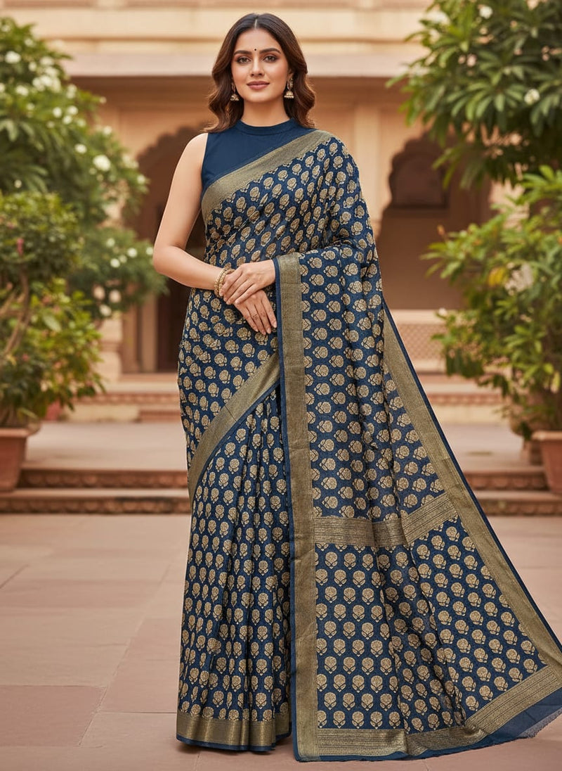 Simply Gradient Sunflower With Blue Background Digital Printed Fabric - Upada Silk