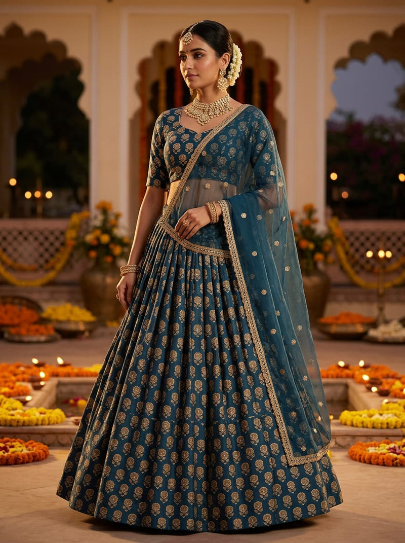 Navy Ethnic Floral Buti Motif Upada Silk Digital Printed Fabric