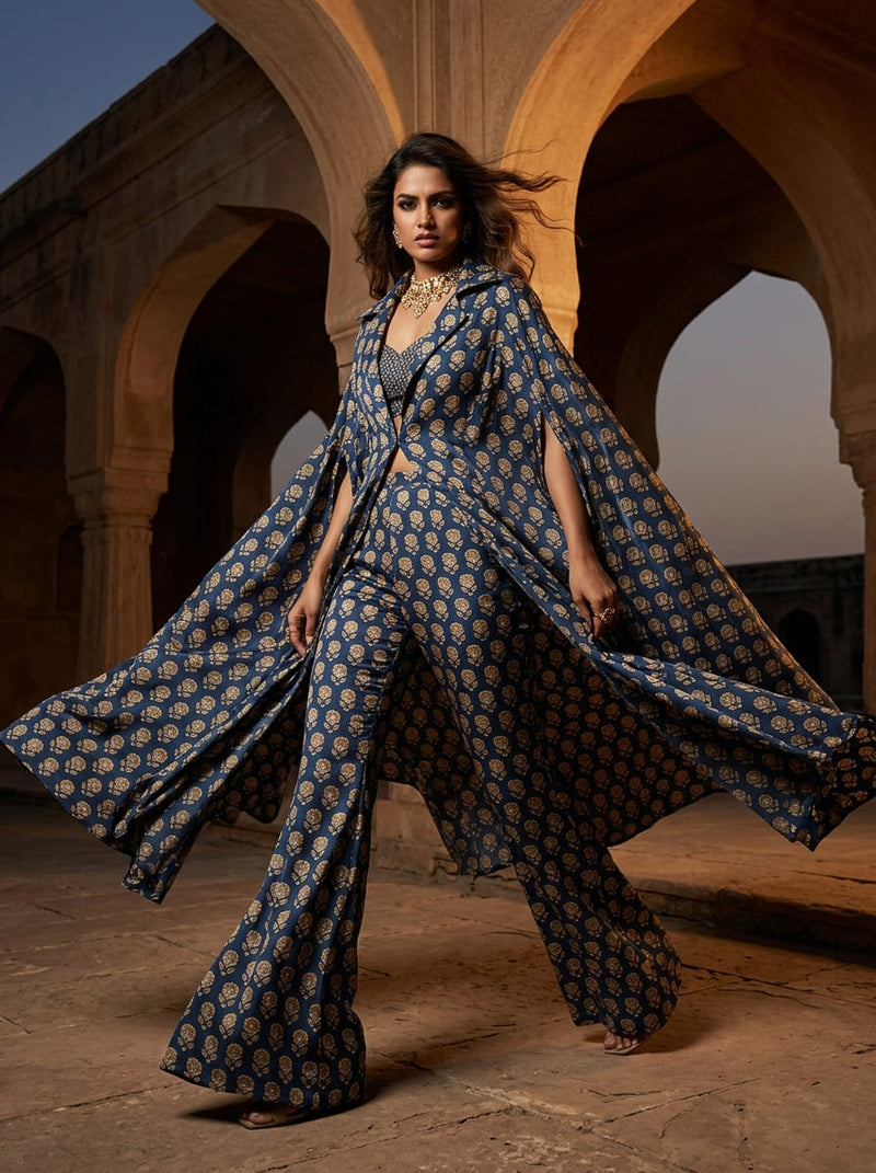 Navy Ethnic Floral Buti Motif Upada Silk Digital Printed Fabric