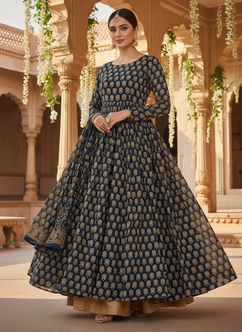 Simply Gradient Sunflower With Blue Background Digital Printed Fabric - Pure Georgette
