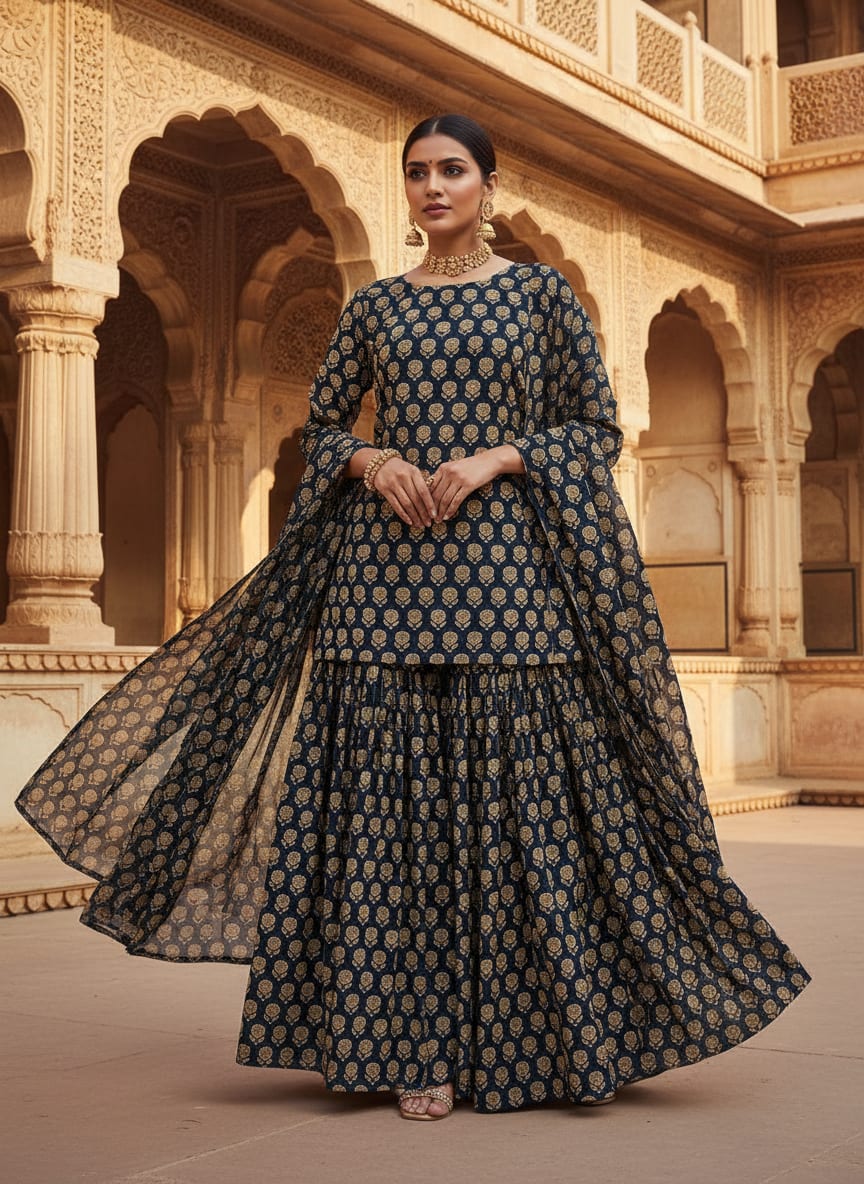 Navy Ethnic Floral Buti Motif Pure Georgette Digital Printed Fabric