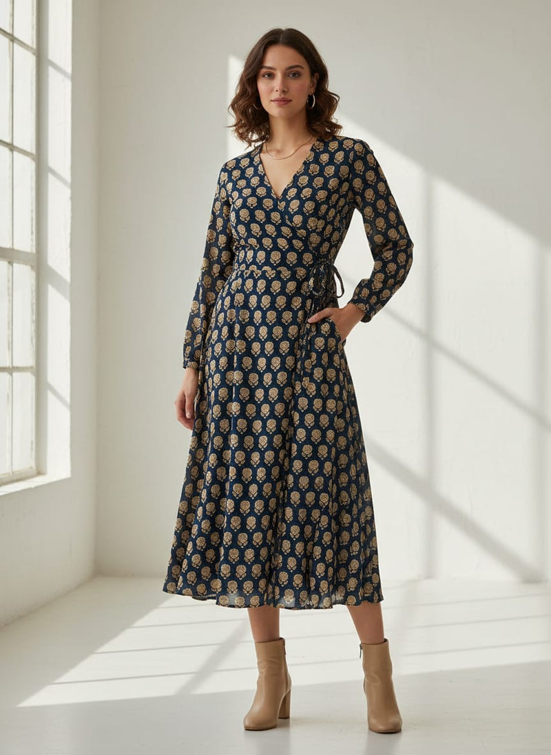 Navy Ethnic Floral Buti Motif Pure Georgette Digital Printed Fabric