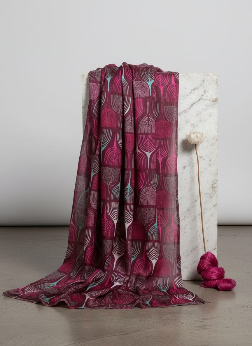 Maroon Abstract Botanical Grid Kora Silk Digital Printed Fabric