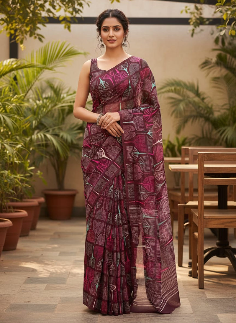 Bold Colourful Mahogany Leaf Digital Printed Fabric - Kora Silk