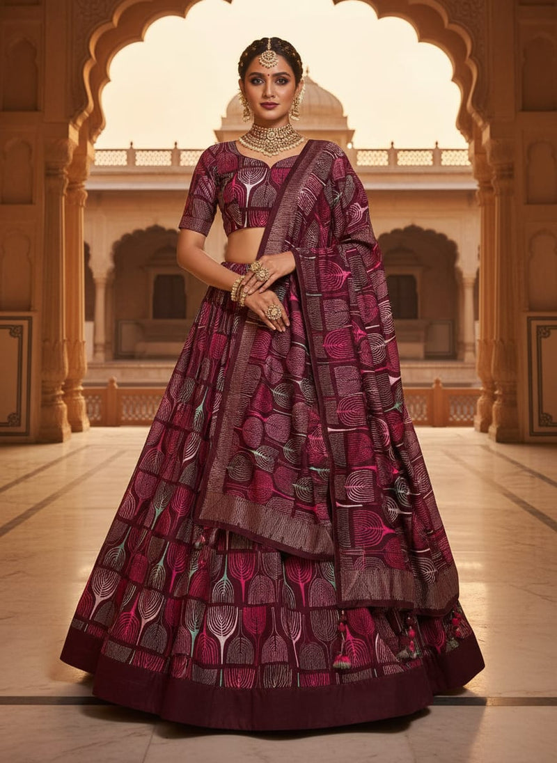 Bold Colourful Mahogany Leaf Digital Printed Fabric - Kora Silk