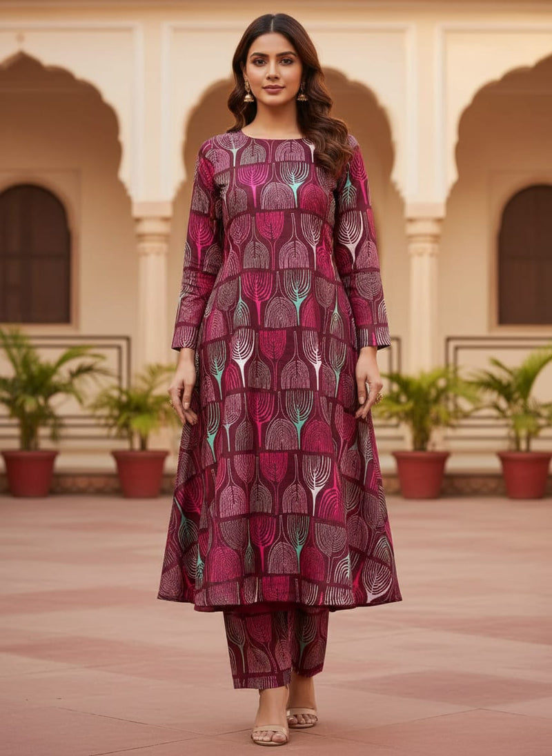 Maroon Abstract Botanical Grid Kora Silk Digital Printed Fabric