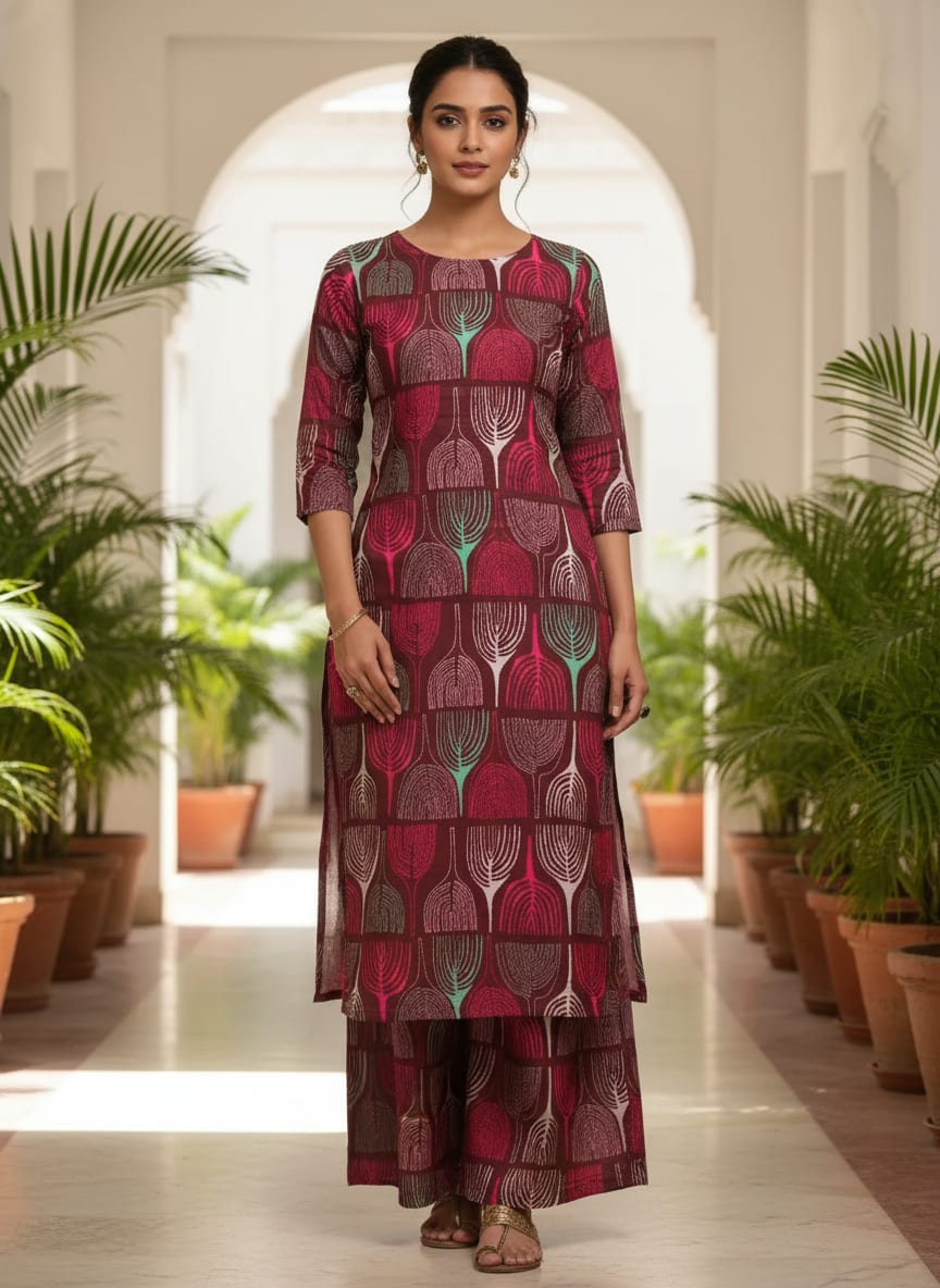 Maroon Abstract Linear Leaf Pattern Muslin Digital Printed Fabric