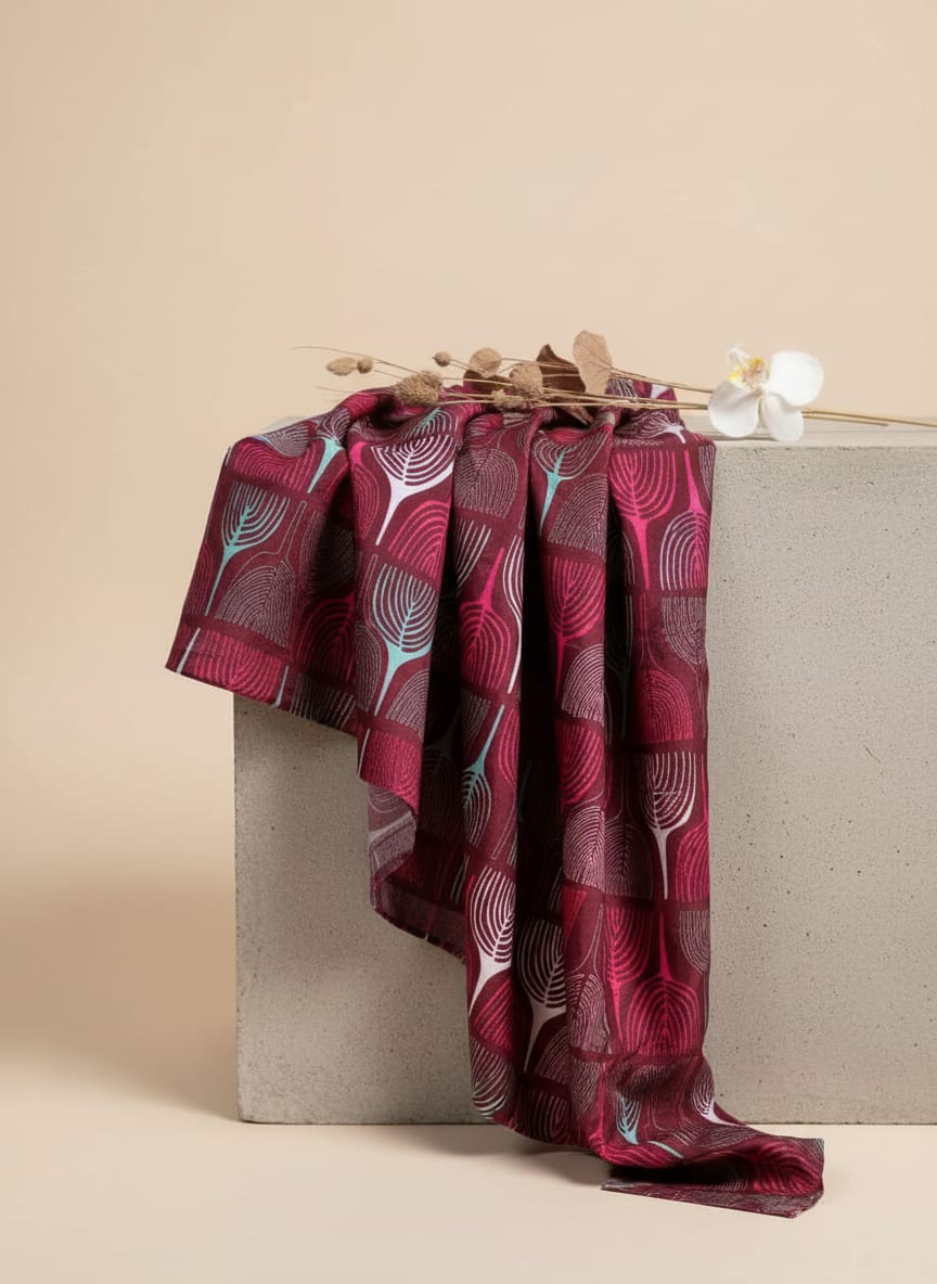 Bold Colourful Mahogany Leaf Digital Printed Fabric - Silk Crepe