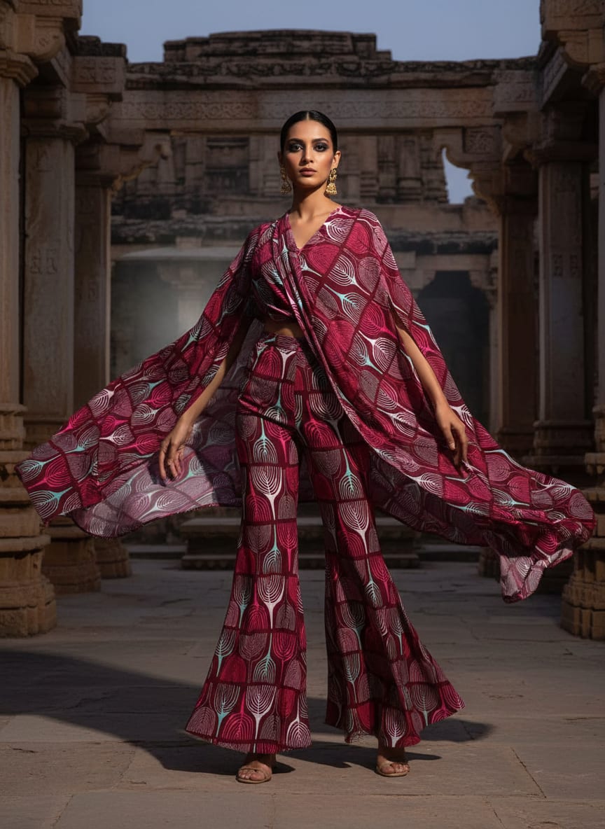 Maroon Abstract Stylized Leaf Pattern Silk Crepe Digital Printed Fabric