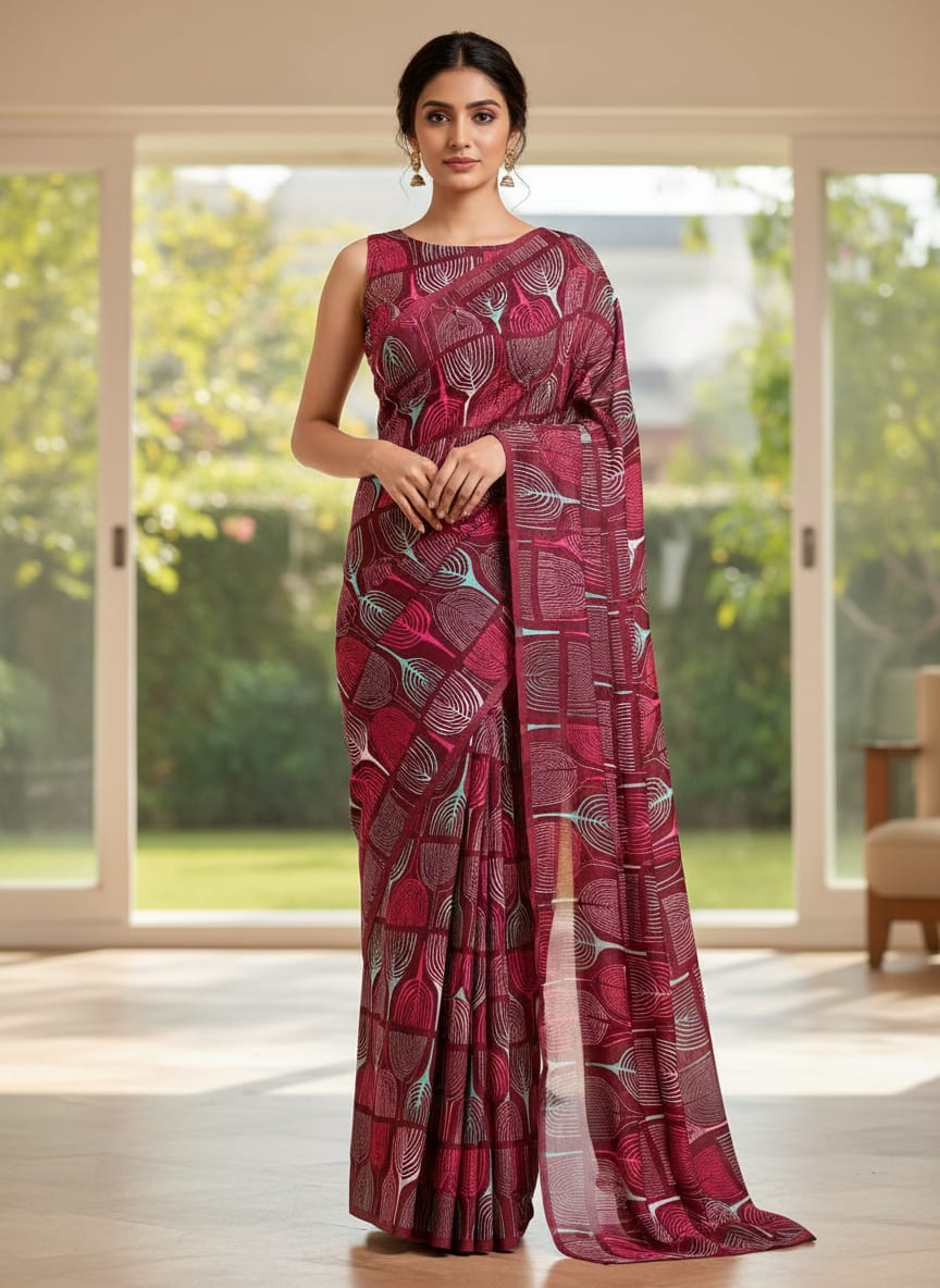 Maroon Abstract Stylized Leaf Pattern Silk Crepe Digital Printed Fabric