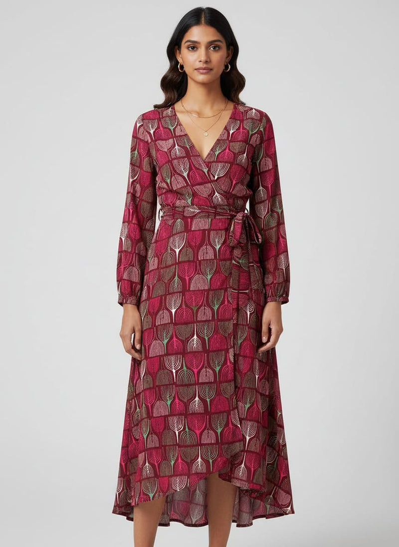 Maroon Abstract Stylized Leaf Grid Pure Georgette Digital Printed Fabric