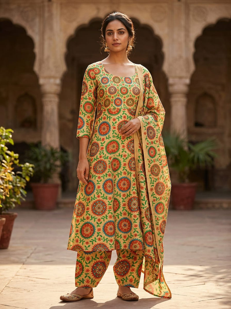 Multicolor Ethnic Medallion and Vine Print Tusser Silk Digital Printed Fabric
