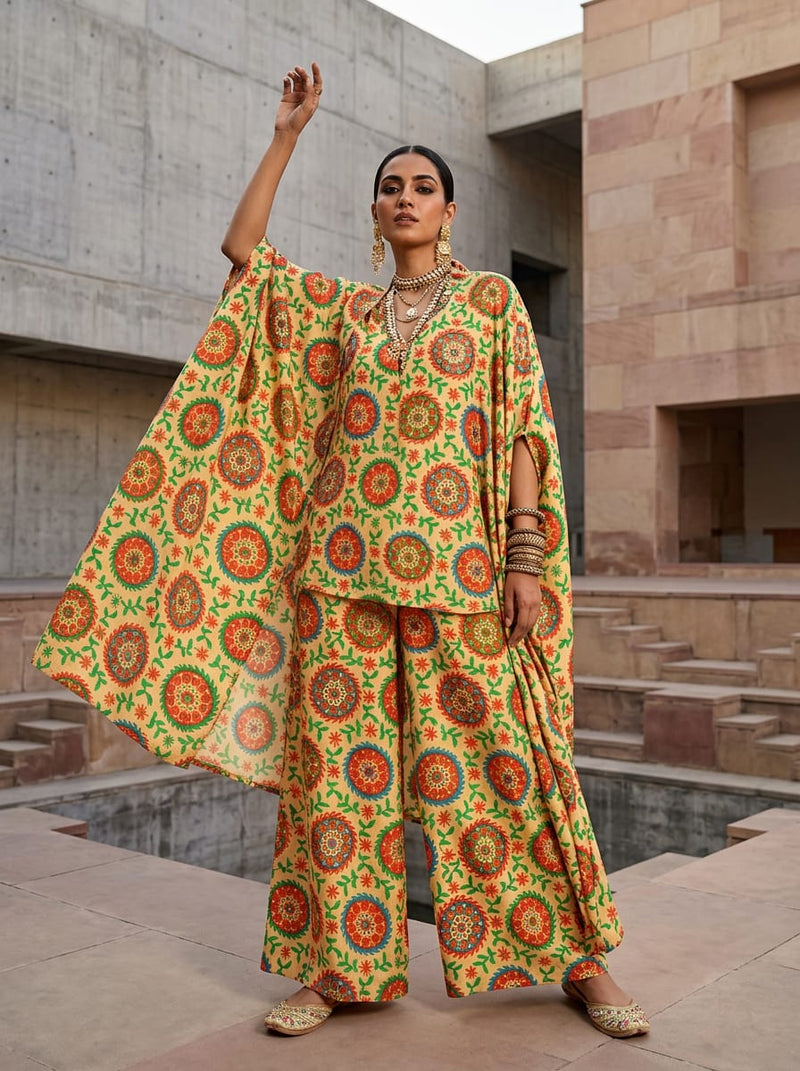 Multicolor Ethnic Medallion and Vine Print Tusser Silk Digital Printed Fabric