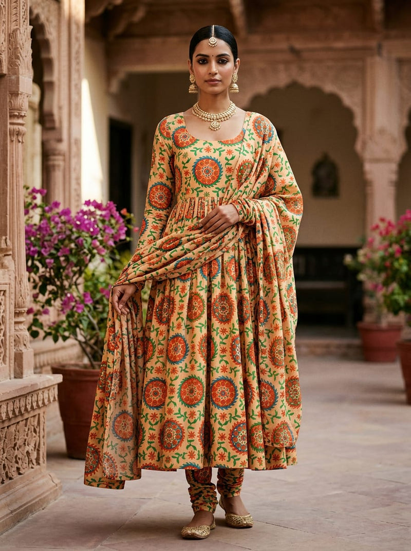 Multicolor Ethnic Medallion and Vine Print Tusser Silk Digital Printed Fabric