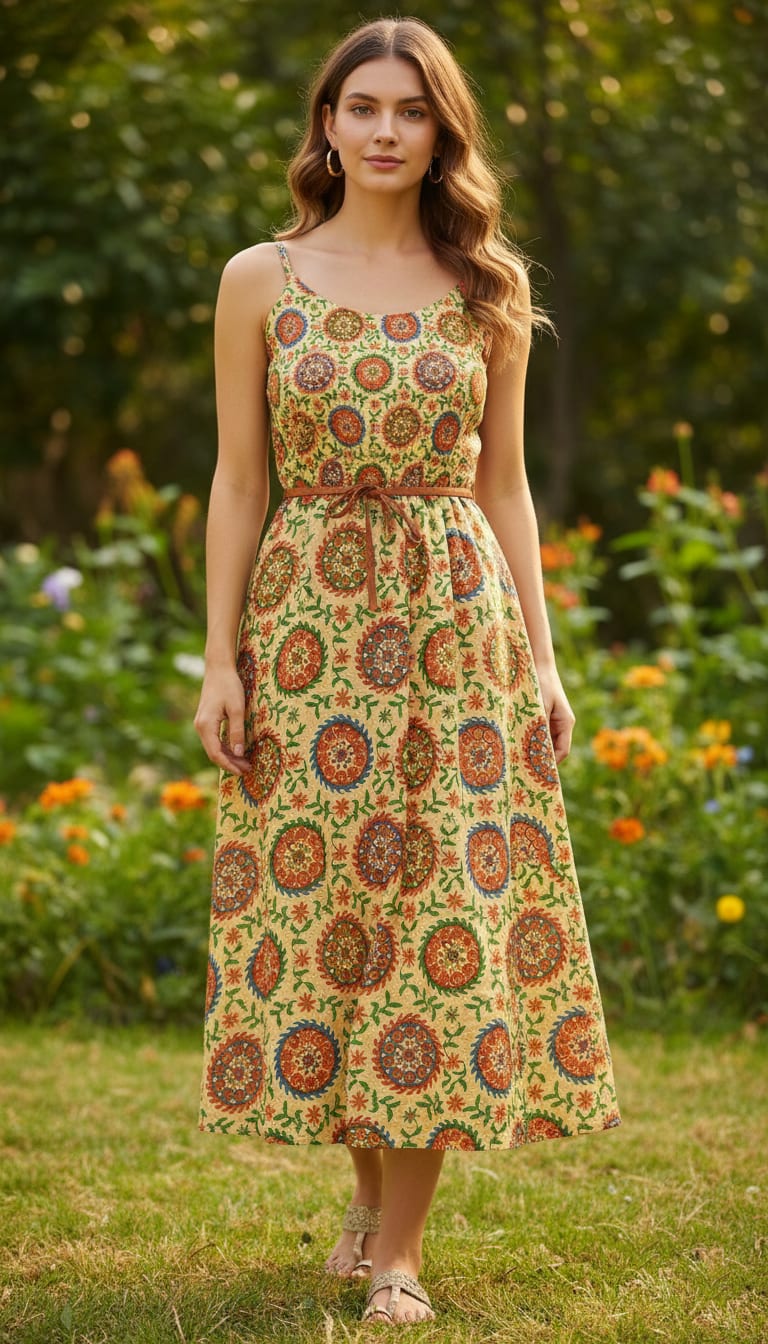 Multicolor Ethnic Medallion Floral Vine Kora Silk Digital Printed Fabric