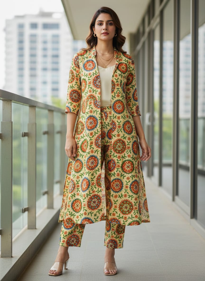 Multicolor Ethnic Medallion Floral Vine Kora Silk Digital Printed Fabric