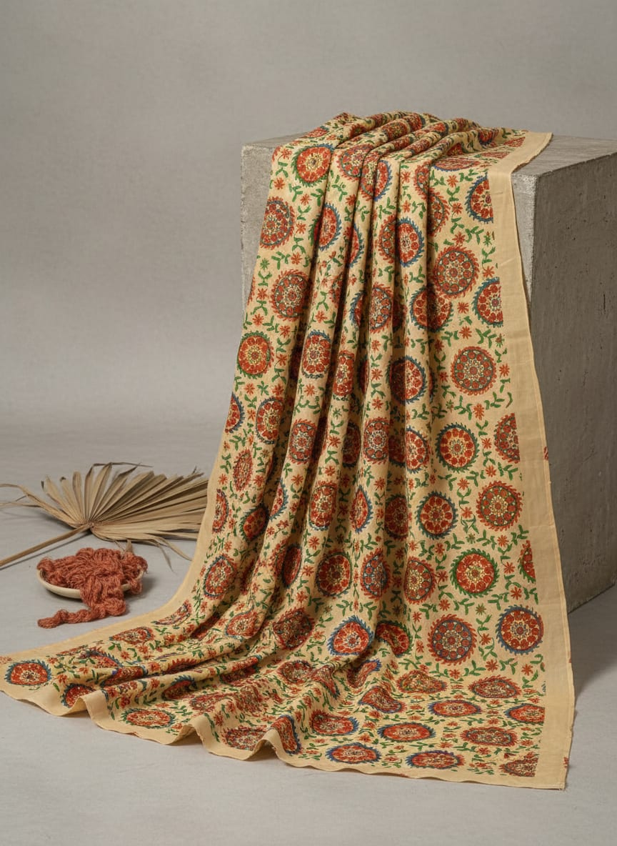 Multicolor Ethnic Medallion Floral Vine Kora Silk Digital Printed Fabric