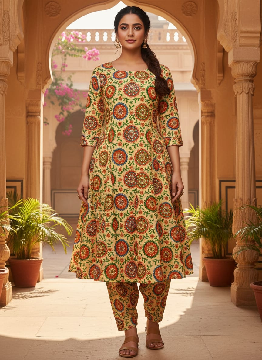 Multicolor Ethnic Medallion Floral Vine Kora Silk Digital Printed Fabric
