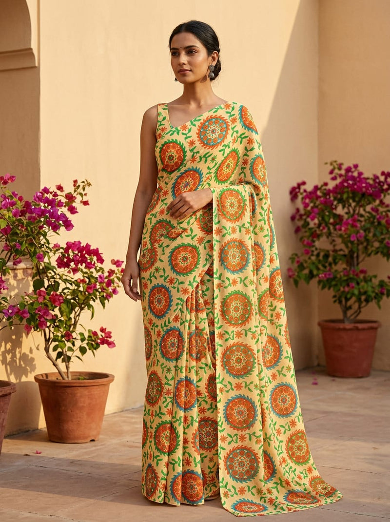 Multicolor Ethnic Medallion and Vine Print Weightless Digital Printed Fabric