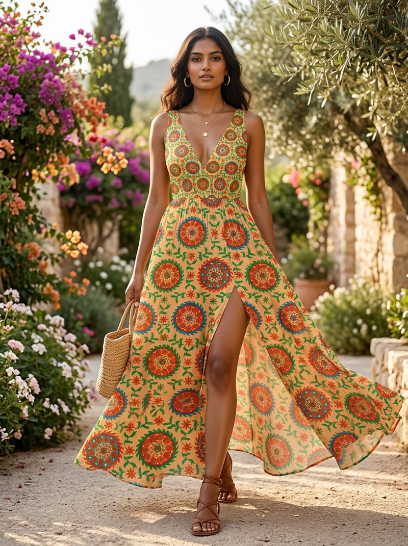 Multicolor Ethnic Medallion and Vine Print Weightless Digital Printed Fabric