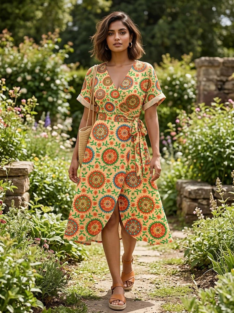 Multicolor Ethnic Medallion and Vine Print Weightless Digital Printed Fabric