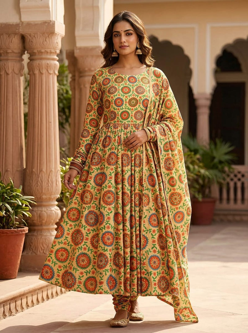 Multicolor Traditional Indian Medallion Print Upada Silk Digital Printed Fabric