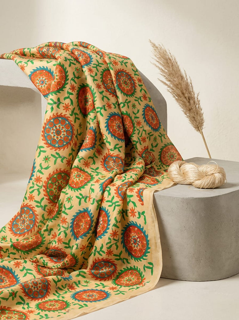 Multicolor Traditional Indian Medallion Print Upada Silk Digital Printed Fabric